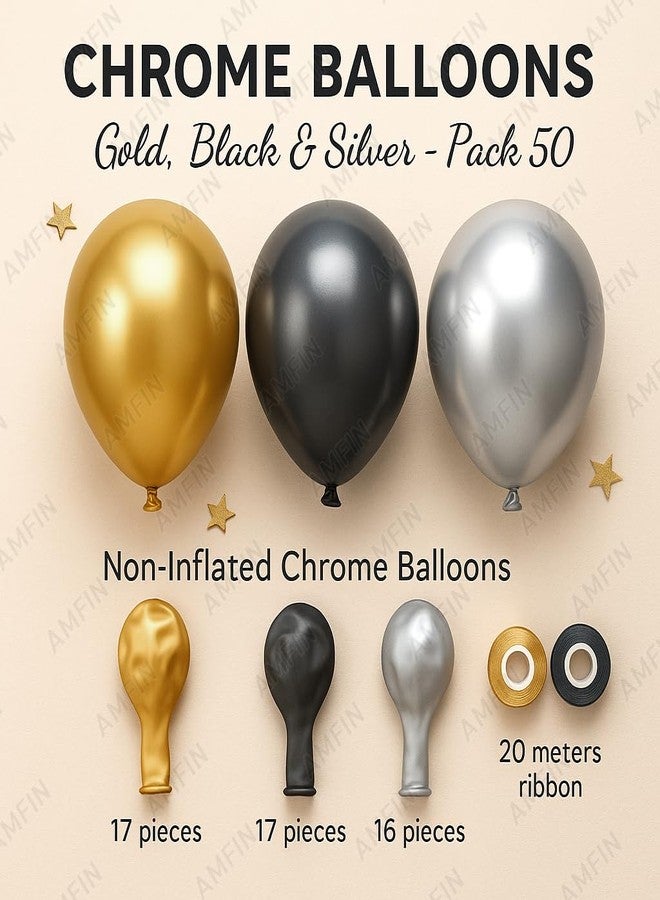 AMFIN (Pack of 50) 10 inch Metallic Chrome Balloons. Birthday, Anniversary Decoration Items - Gold, Black, Silver - Image 3